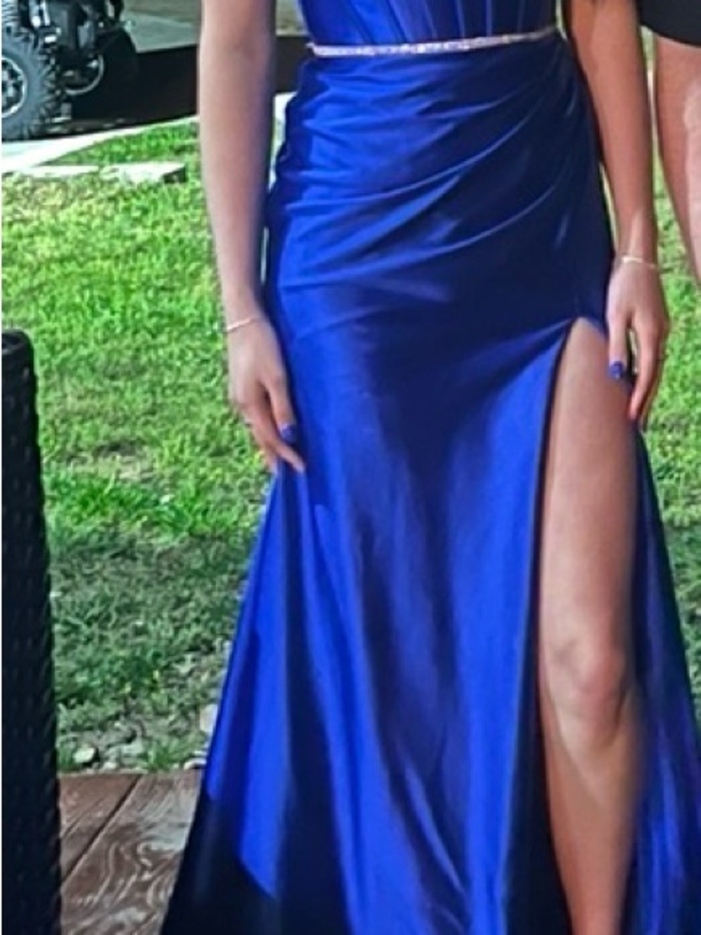 Sherri Hill Royal Blue Satin Prom Dress with High Thigh Slit